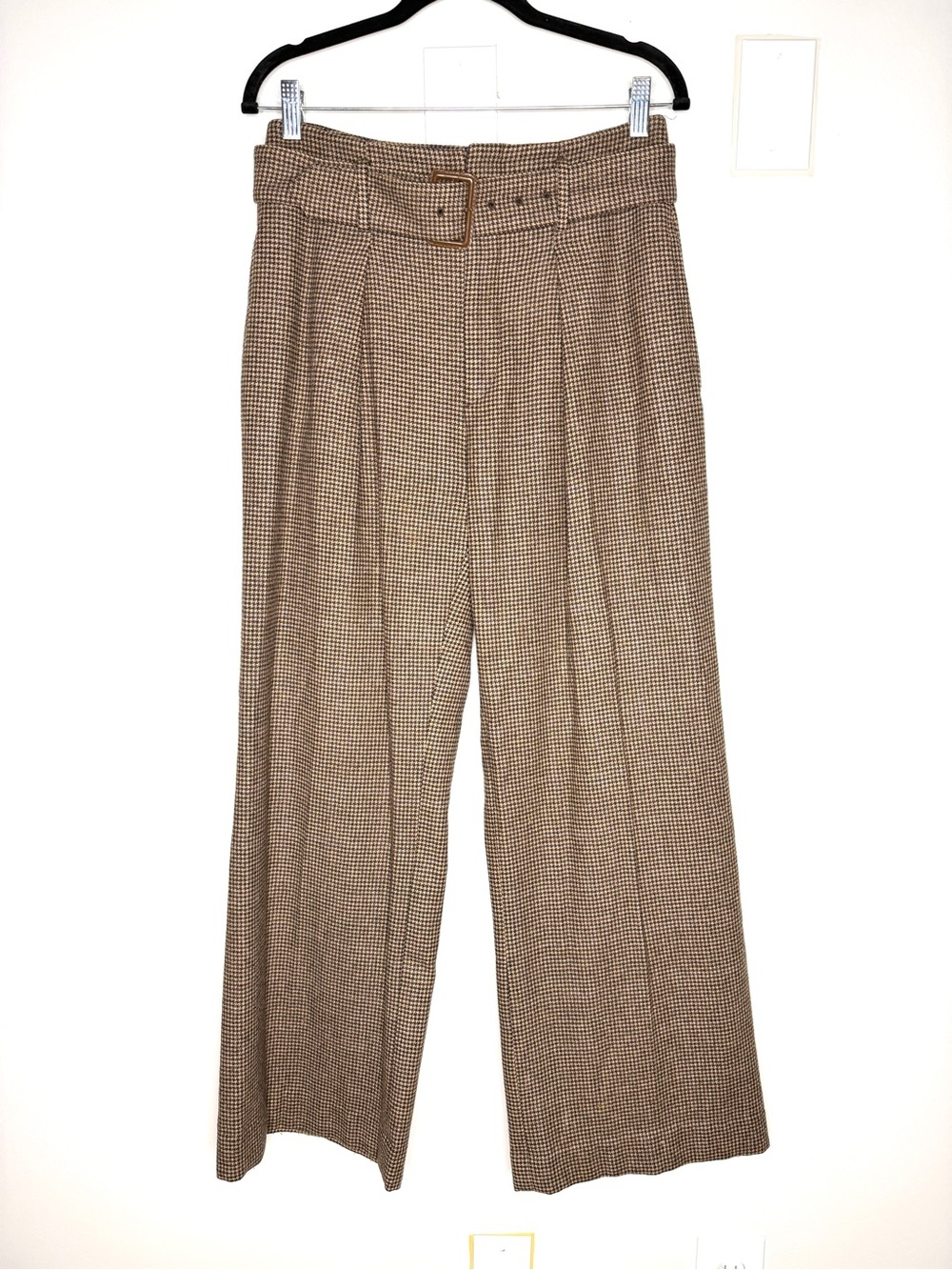 Polo Ralph Lauren Wool Wide Leg Pleated Belted Pants Houndstooth Brown Size 4